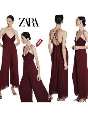 Zara burgundy V-neck crisscross spaghetti strap wide leg jumpsuit Sz S NWT